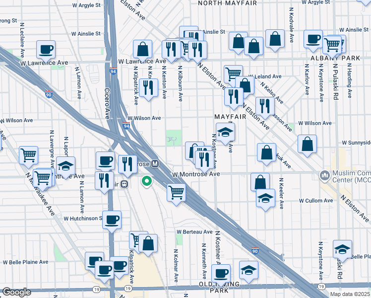 map of restaurants, bars, coffee shops, grocery stores, and more near 4455 North Kilbourn Avenue in Chicago