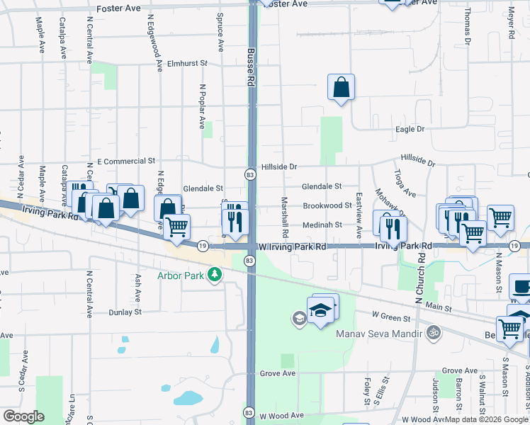 map of restaurants, bars, coffee shops, grocery stores, and more near 1112 Brookwood Street in Bensenville