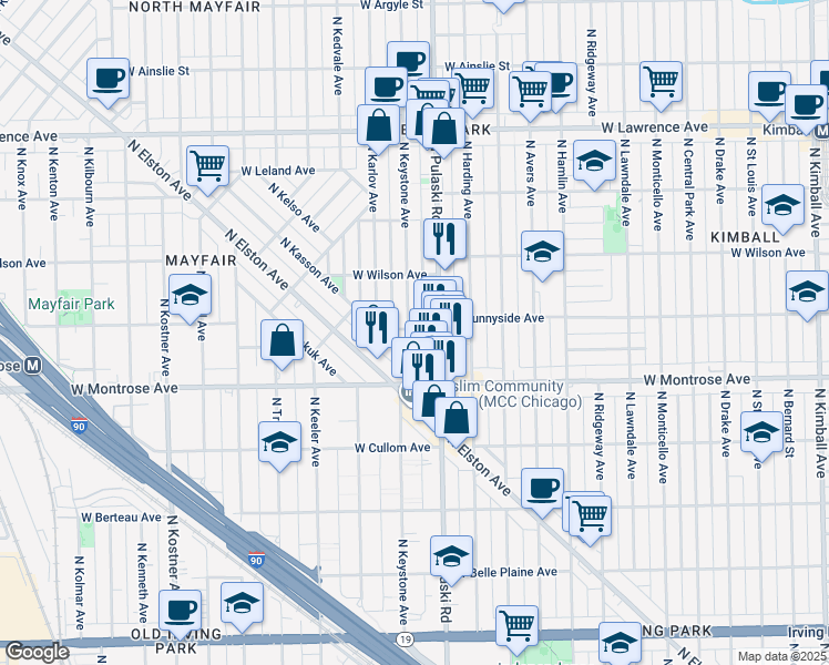 map of restaurants, bars, coffee shops, grocery stores, and more near 4451 North Keystone Avenue in Chicago