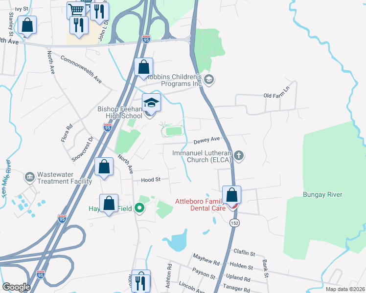 map of restaurants, bars, coffee shops, grocery stores, and more near 66 Dewey Avenue in Attleboro