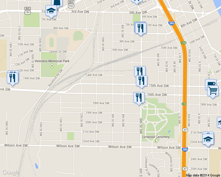 map of restaurants, bars, coffee shops, grocery stores, and more near 1510 9th St SW in Cedar Rapids