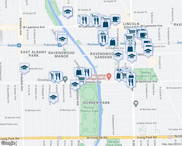 map of restaurants, bars, coffee shops, grocery stores, and more near 2712 West Agatite Avenue in Chicago