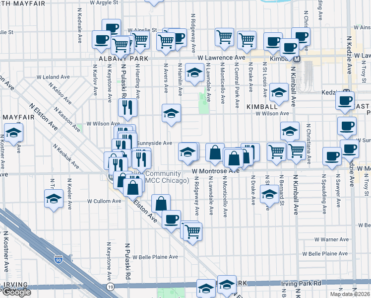 map of restaurants, bars, coffee shops, grocery stores, and more near 4447 North Hamlin Avenue in Chicago
