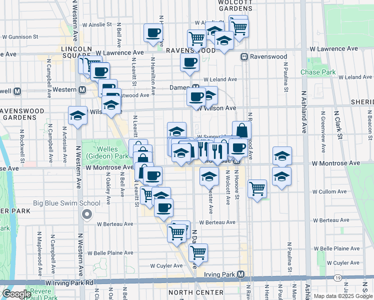 map of restaurants, bars, coffee shops, grocery stores, and more near 4432 North Damen Avenue in Chicago
