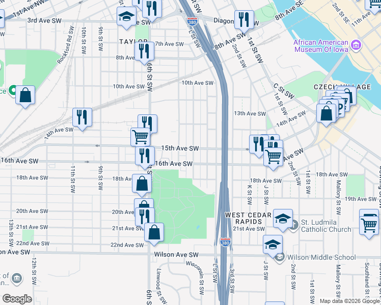 map of restaurants, bars, coffee shops, grocery stores, and more near 1504 N Street Southwest in Cedar Rapids