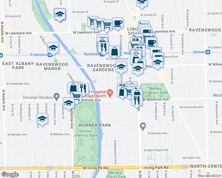 map of restaurants, bars, coffee shops, grocery stores, and more near 4438 North Maplewood Avenue in Chicago