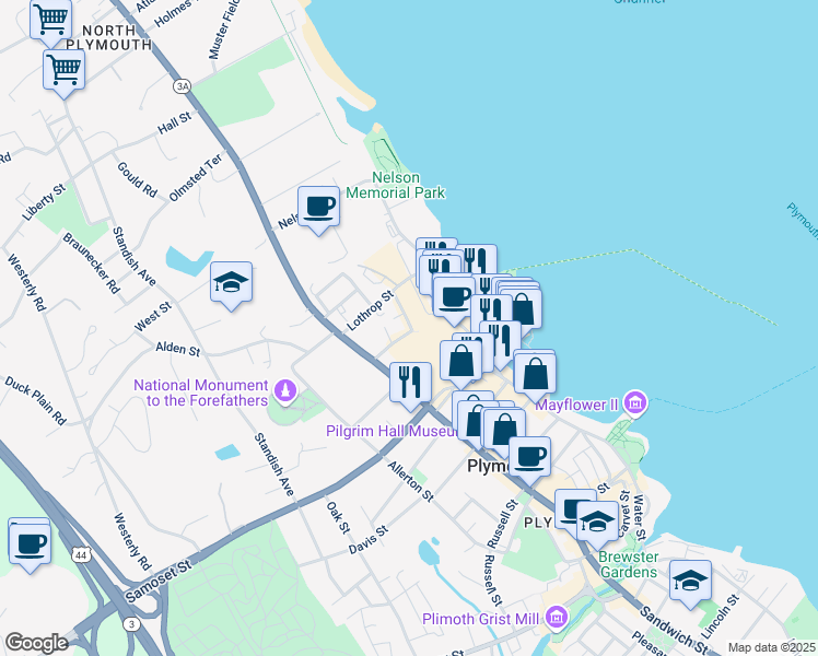 map of restaurants, bars, coffee shops, grocery stores, and more near 16 Murray Street in Plymouth