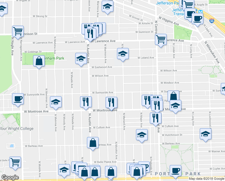 map of restaurants, bars, coffee shops, grocery stores, and more near 4504 North Monitor Avenue in Chicago