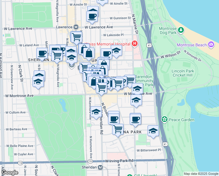 map of restaurants, bars, coffee shops, grocery stores, and more near 941 West Agatite Avenue in Chicago