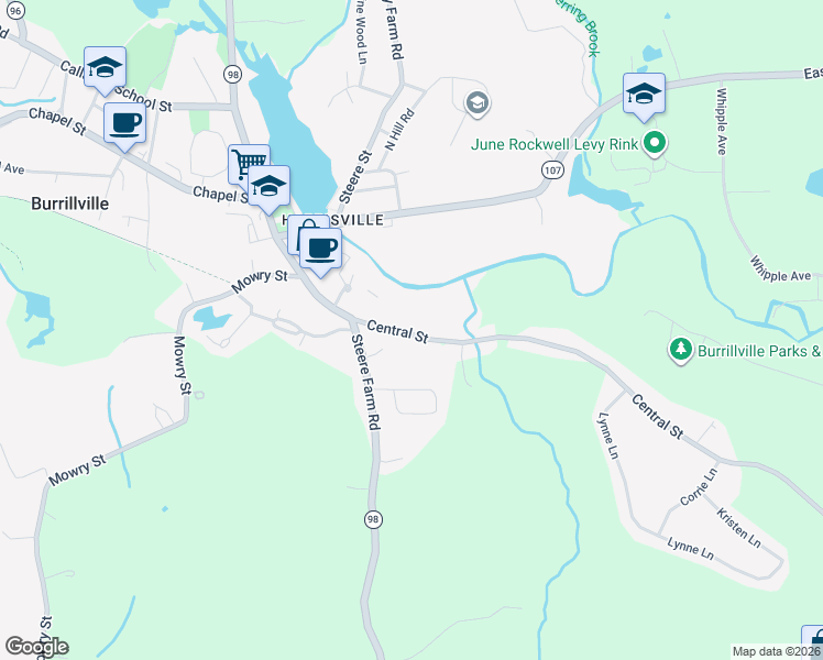 map of restaurants, bars, coffee shops, grocery stores, and more near 70 Central Street in Burrillville
