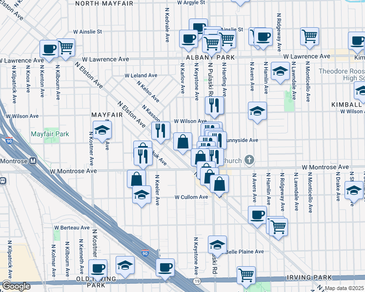 map of restaurants, bars, coffee shops, grocery stores, and more near 4468 North Kasson Avenue in Chicago