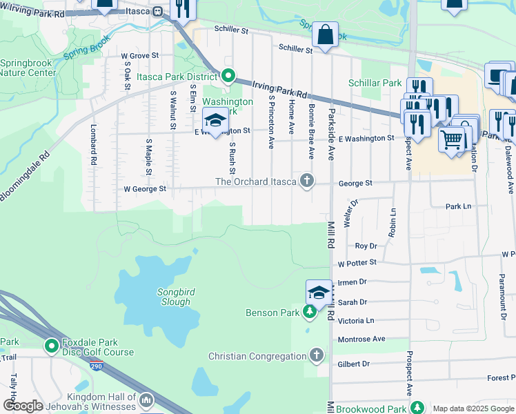 map of restaurants, bars, coffee shops, grocery stores, and more near 525 South Cherry Street in Itasca
