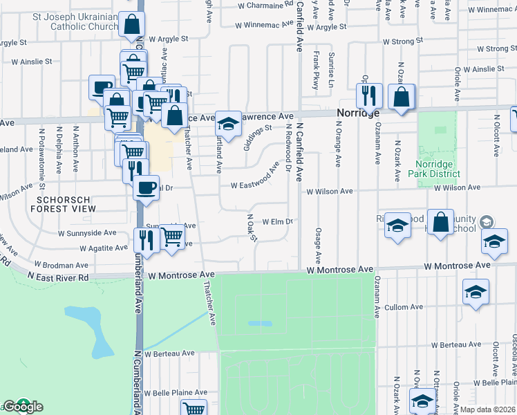 map of restaurants, bars, coffee shops, grocery stores, and more near 8019 West Courtland Avenue in Norridge