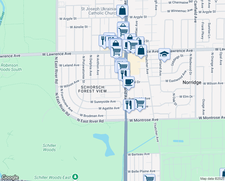 map of restaurants, bars, coffee shops, grocery stores, and more near 8444 West Castle Island Avenue in Chicago