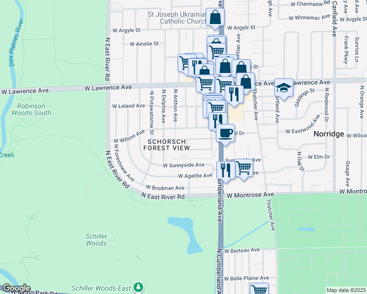 map of restaurants, bars, coffee shops, grocery stores, and more near 4548 North Maria Court in Chicago