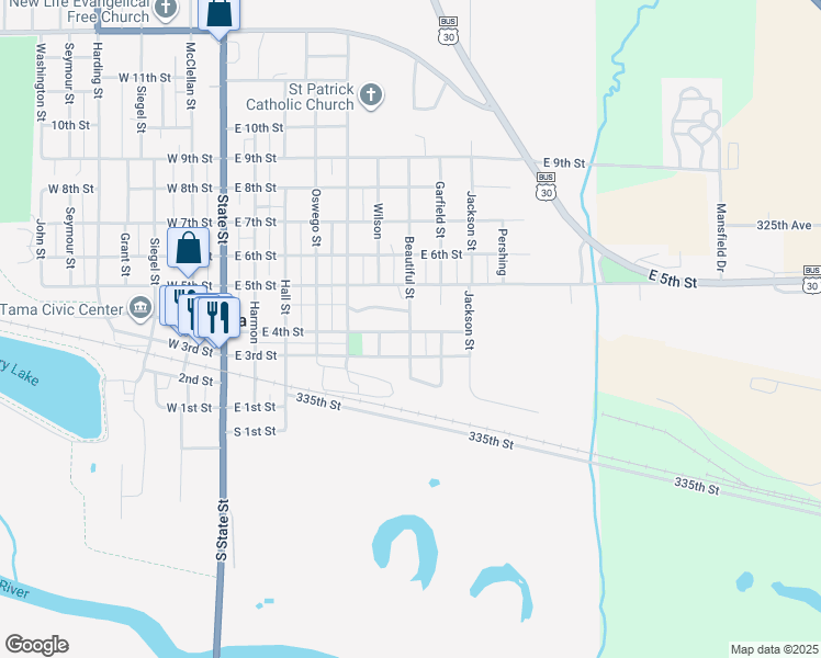 map of restaurants, bars, coffee shops, grocery stores, and more near 400 Beautiful Street in Tama