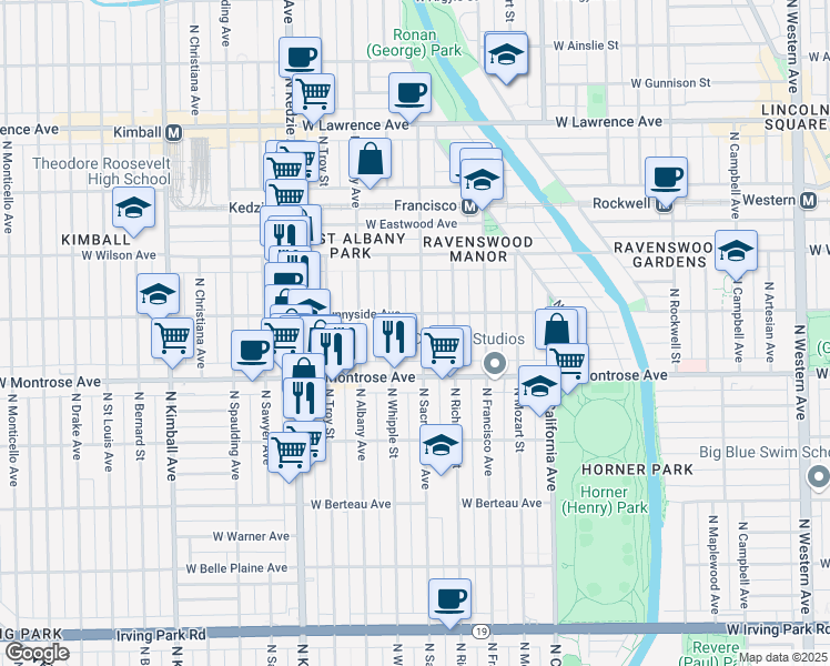 map of restaurants, bars, coffee shops, grocery stores, and more near 4442 North Sacramento Avenue in Chicago