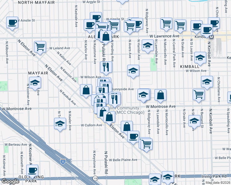 map of restaurants, bars, coffee shops, grocery stores, and more near 4453 North Harding Avenue in Chicago