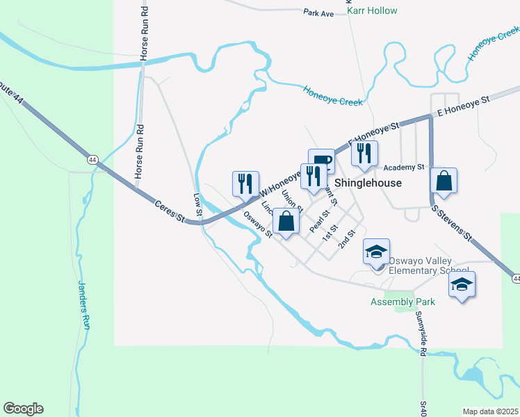 map of restaurants, bars, coffee shops, grocery stores, and more near 109 Oswayo Street in Shinglehouse