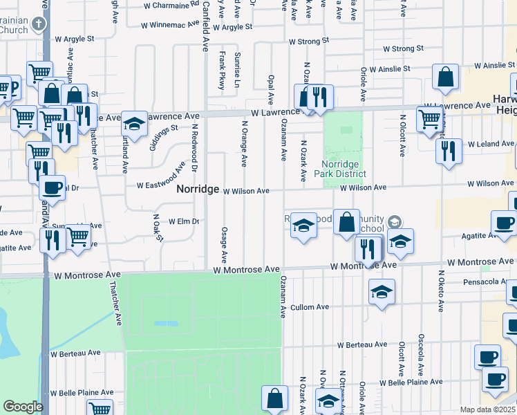 map of restaurants, bars, coffee shops, grocery stores, and more near 4536 Opal Avenue in Norridge