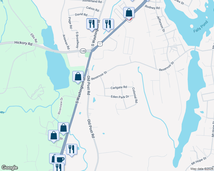 map of restaurants, bars, coffee shops, grocery stores, and more near 4 Carlgate Road in North Attleborough