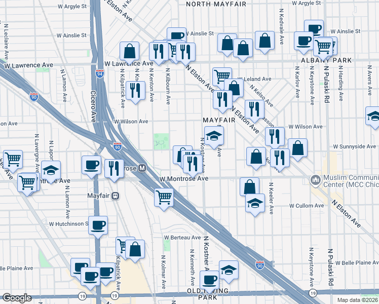 map of restaurants, bars, coffee shops, grocery stores, and more near 4457 North Kenneth Avenue in Chicago