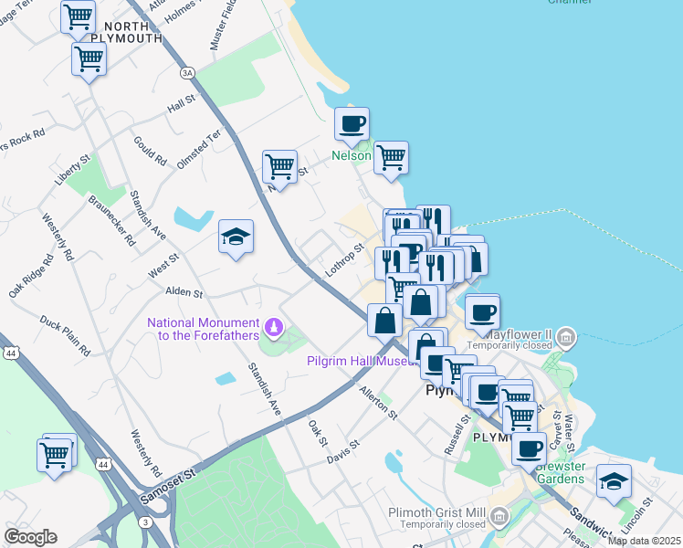 map of restaurants, bars, coffee shops, grocery stores, and more near 7 Lothrop Street in Plymouth