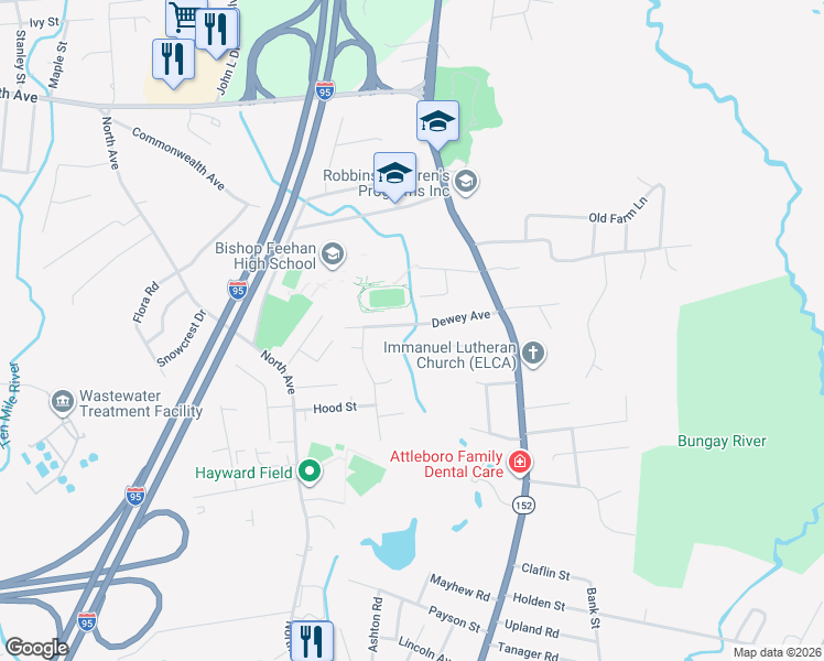 map of restaurants, bars, coffee shops, grocery stores, and more near 66 Dewey Avenue in Attleboro