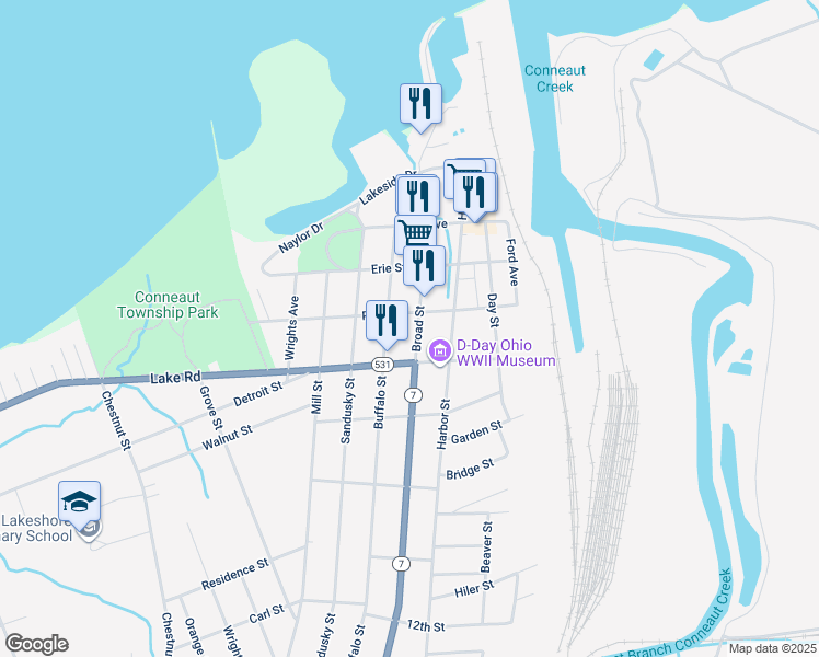 map of restaurants, bars, coffee shops, grocery stores, and more near 936 Buffalo Street in Conneaut