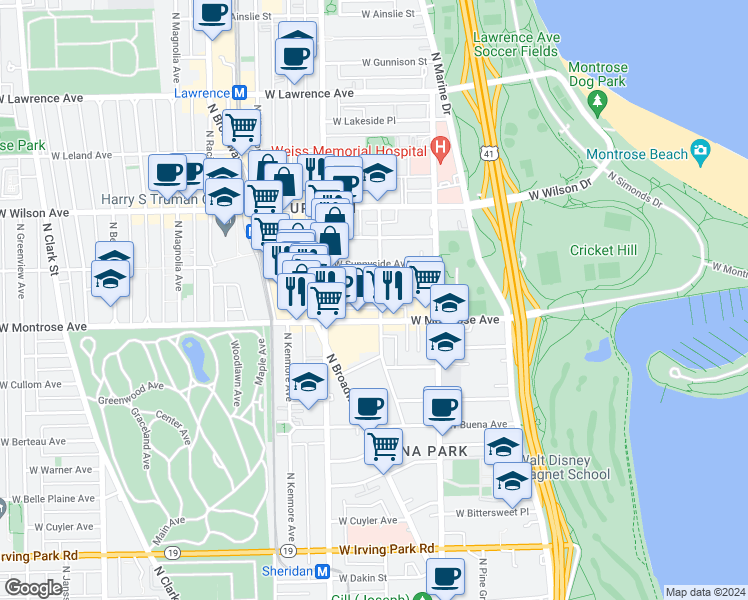map of restaurants, bars, coffee shops, grocery stores, and more near in Chicago
