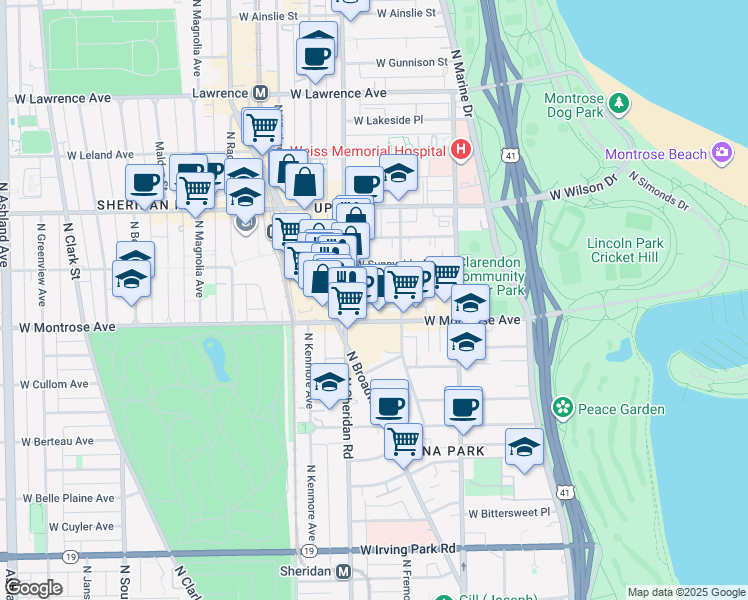 map of restaurants, bars, coffee shops, grocery stores, and more near 941 West Agatite Avenue in Chicago