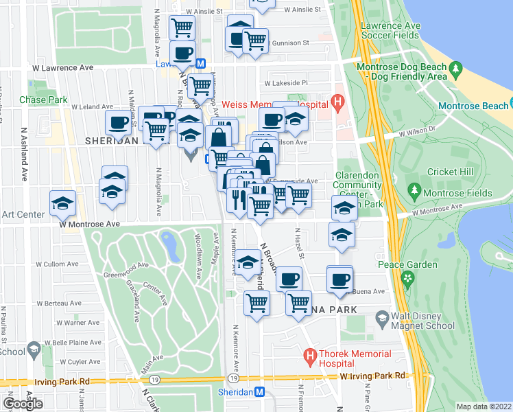 map of restaurants, bars, coffee shops, grocery stores, and more near 4431 North Broadway in Chicago
