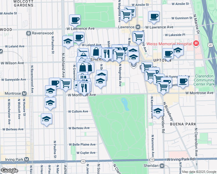 map of restaurants, bars, coffee shops, grocery stores, and more near 4426 North Malden Street in Chicago