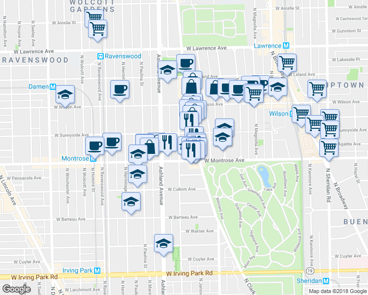 map of restaurants, bars, coffee shops, grocery stores, and more near 4423 North Greenview Avenue in Chicago
