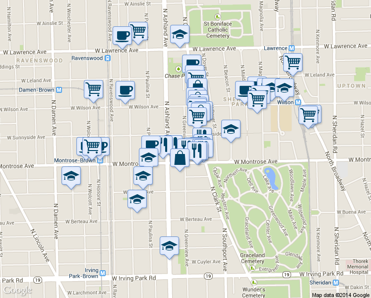map of restaurants, bars, coffee shops, grocery stores, and more near 4423 North Greenview Avenue in Chicago