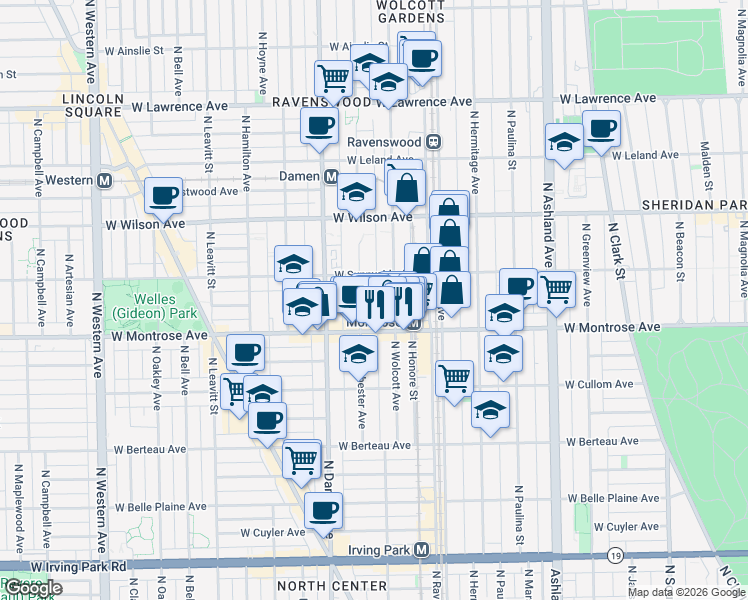 map of restaurants, bars, coffee shops, grocery stores, and more near 4432 North Wolcott Avenue in Chicago