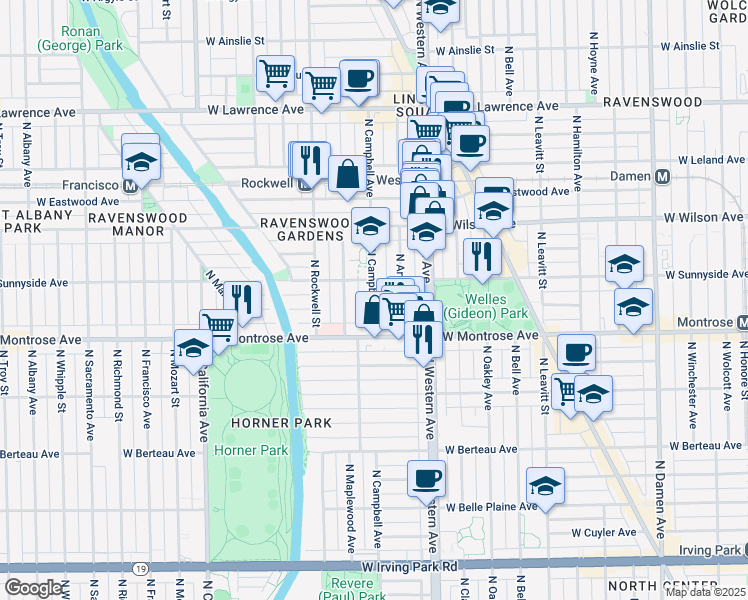 map of restaurants, bars, coffee shops, grocery stores, and more near 4440 North Campbell Avenue in Chicago