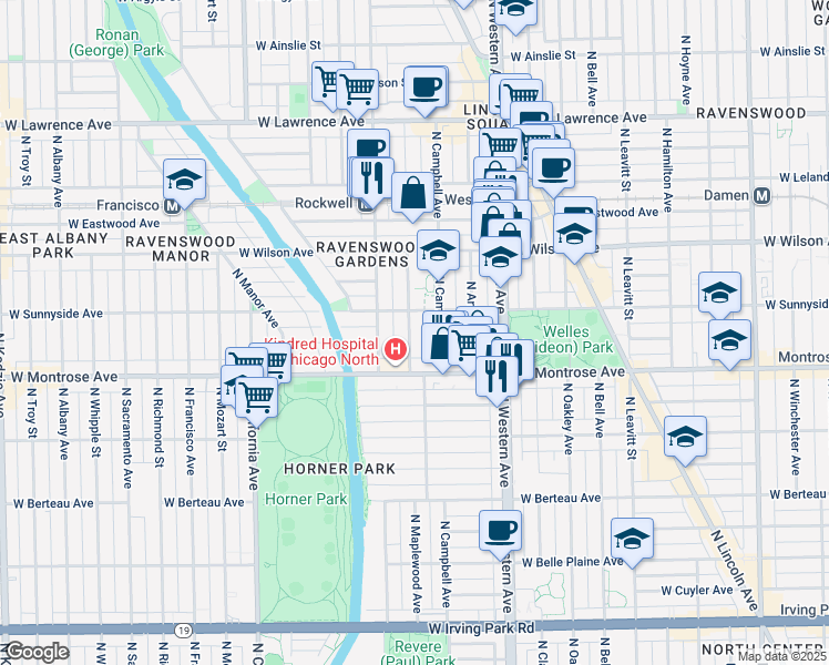 map of restaurants, bars, coffee shops, grocery stores, and more near 4440 North Campbell Avenue in Chicago