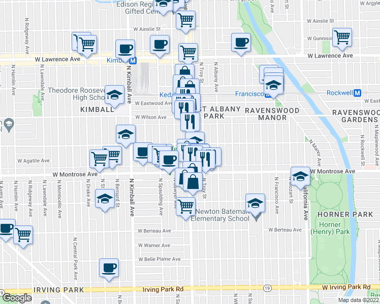 map of restaurants, bars, coffee shops, grocery stores, and more near 4447 North Kedzie Avenue in Chicago