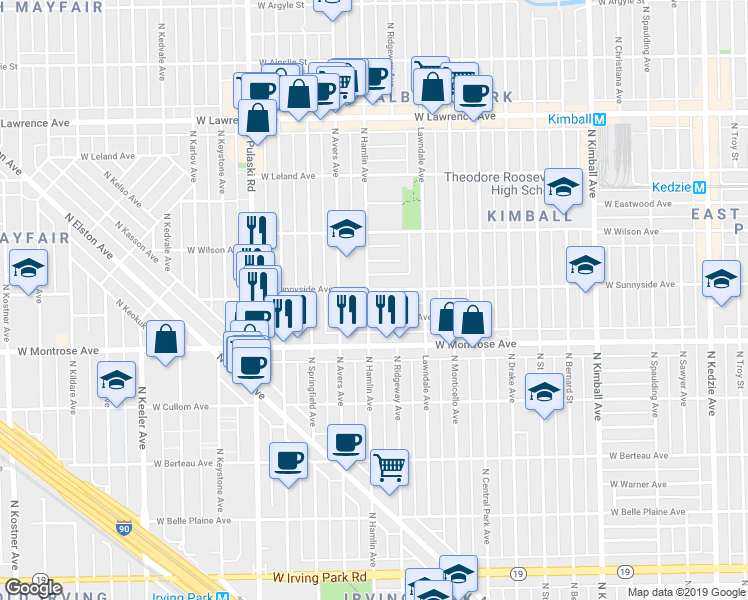 map of restaurants, bars, coffee shops, grocery stores, and more near 4446 North Hamlin Avenue in Chicago