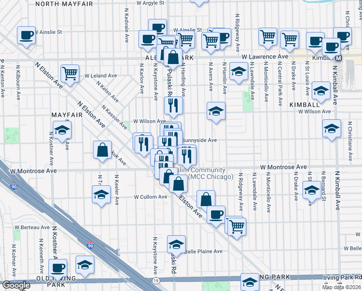map of restaurants, bars, coffee shops, grocery stores, and more near 4453 North Pulaski Road in Chicago