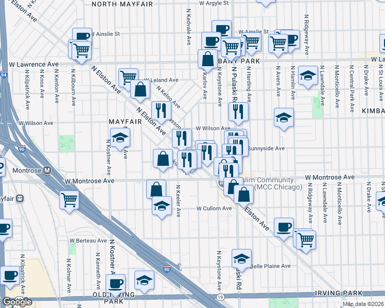 map of restaurants, bars, coffee shops, grocery stores, and more near 4500 North Elston Avenue in Chicago