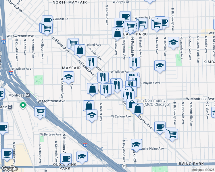 map of restaurants, bars, coffee shops, grocery stores, and more near 4500 North Elston Avenue in Chicago