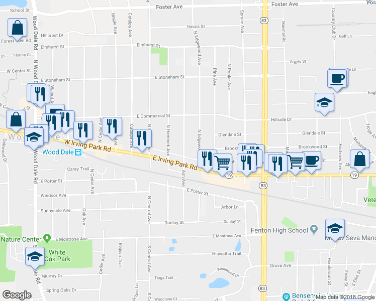 map of restaurants, bars, coffee shops, grocery stores, and more near 259 Ash Avenue in Wood Dale
