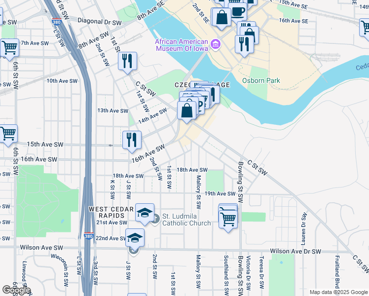 map of restaurants, bars, coffee shops, grocery stores, and more near 130 17th Avenue Southwest in Cedar Rapids