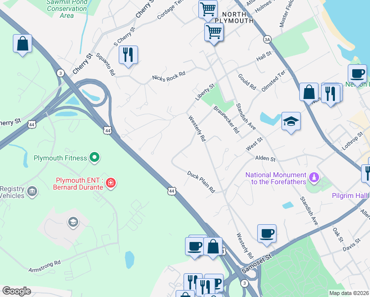 map of restaurants, bars, coffee shops, grocery stores, and more near Oak Ridge Road in Plymouth