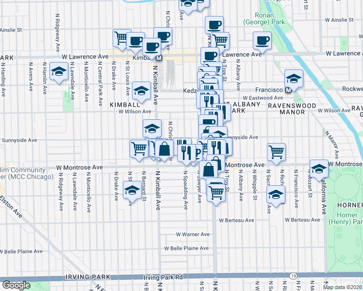 map of restaurants, bars, coffee shops, grocery stores, and more near 4444 North Spaulding Avenue in Chicago
