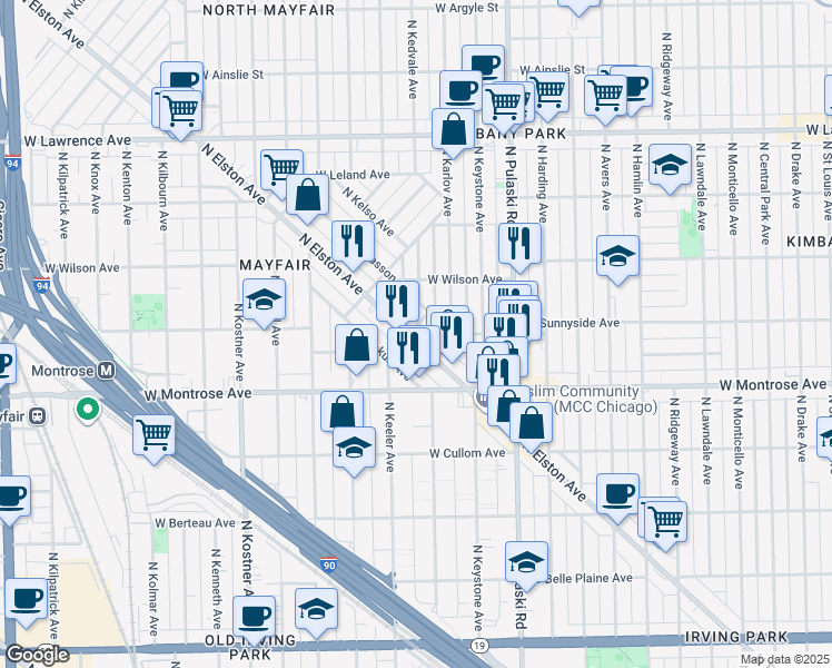 map of restaurants, bars, coffee shops, grocery stores, and more near 4500 North Elston Avenue in Chicago
