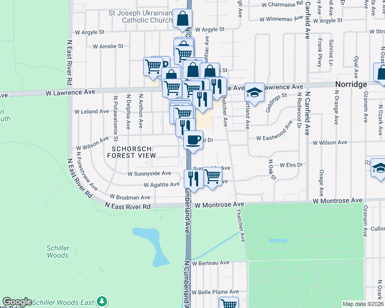 map of restaurants, bars, coffee shops, grocery stores, and more near 4550 Illinois 171 in Norridge