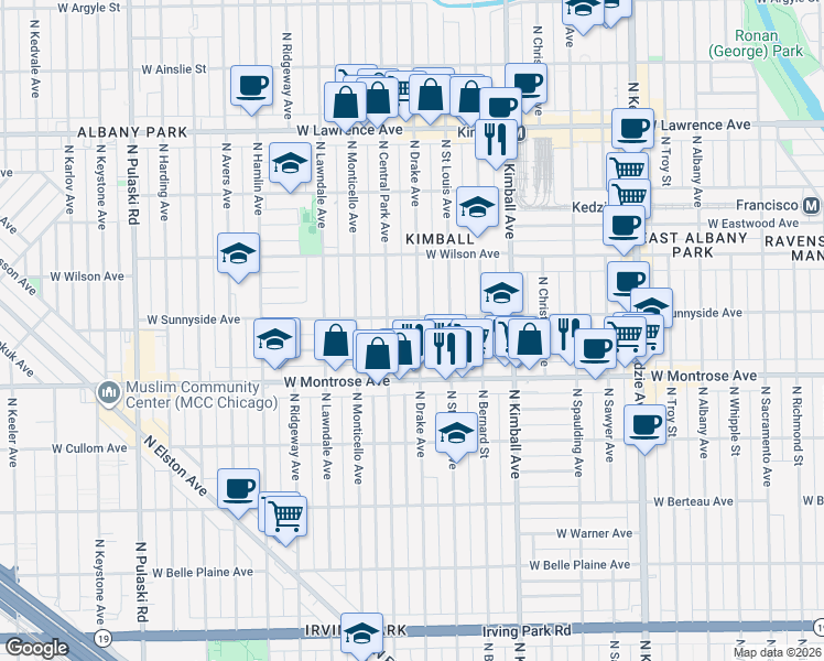 map of restaurants, bars, coffee shops, grocery stores, and more near 4446 North Drake Avenue in Chicago